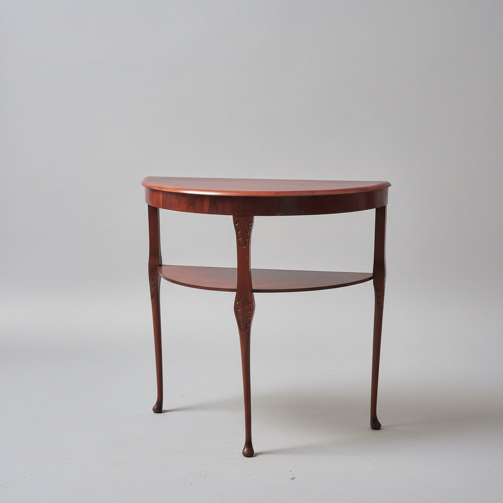 Wooden side table with decorative items in a room setting