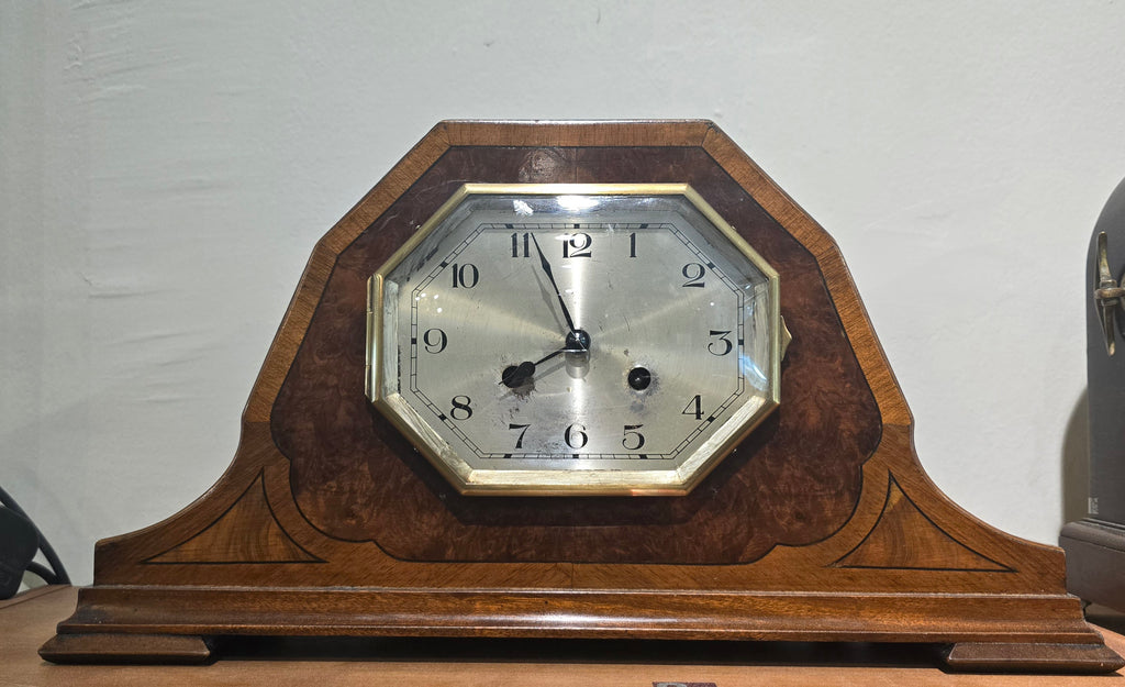 Antique Mantel Clock with Octagonal Dial with Walnut Veneer Case