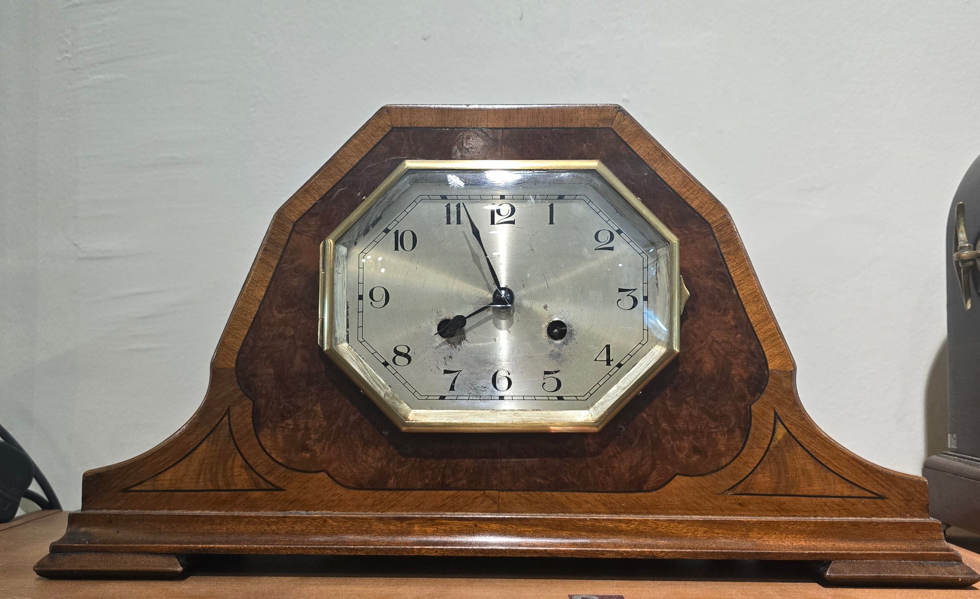 Antique Mantel Clock with Octagonal Dial with Walnut Veneer Case