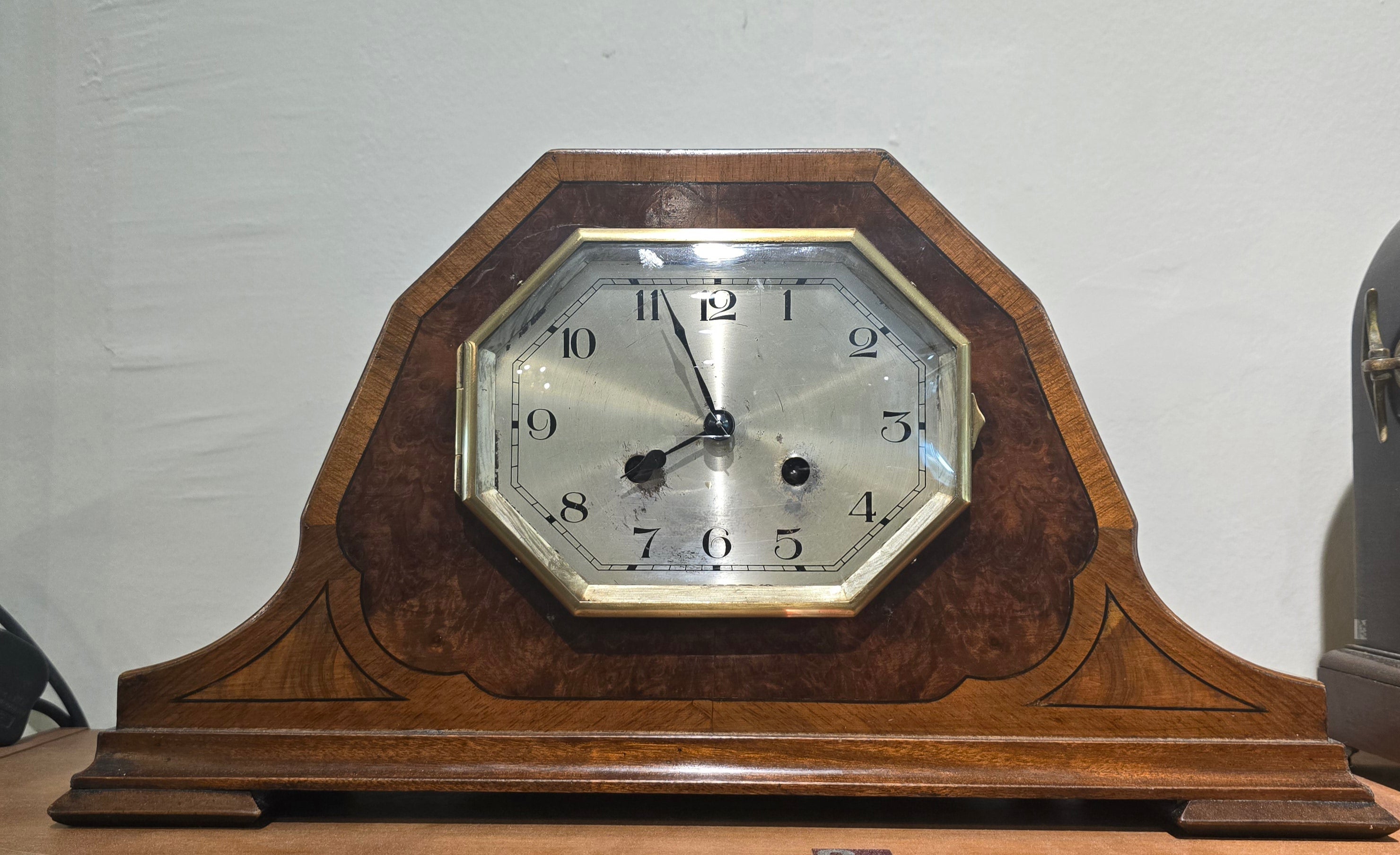 Antique Mantel Clock with Octagonal Dial with Walnut Veneer Case