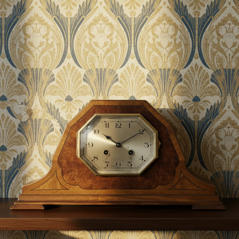 Antique Mantel Clock with Octagonal Dial with Walnut Veneer Case