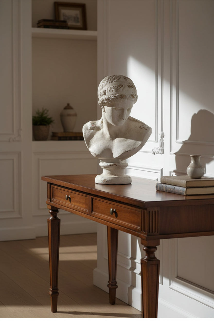 A classical-style stone bust sculpture of a woman's head and upper torso on a pedestal, shown indoors against a light paneled wall.