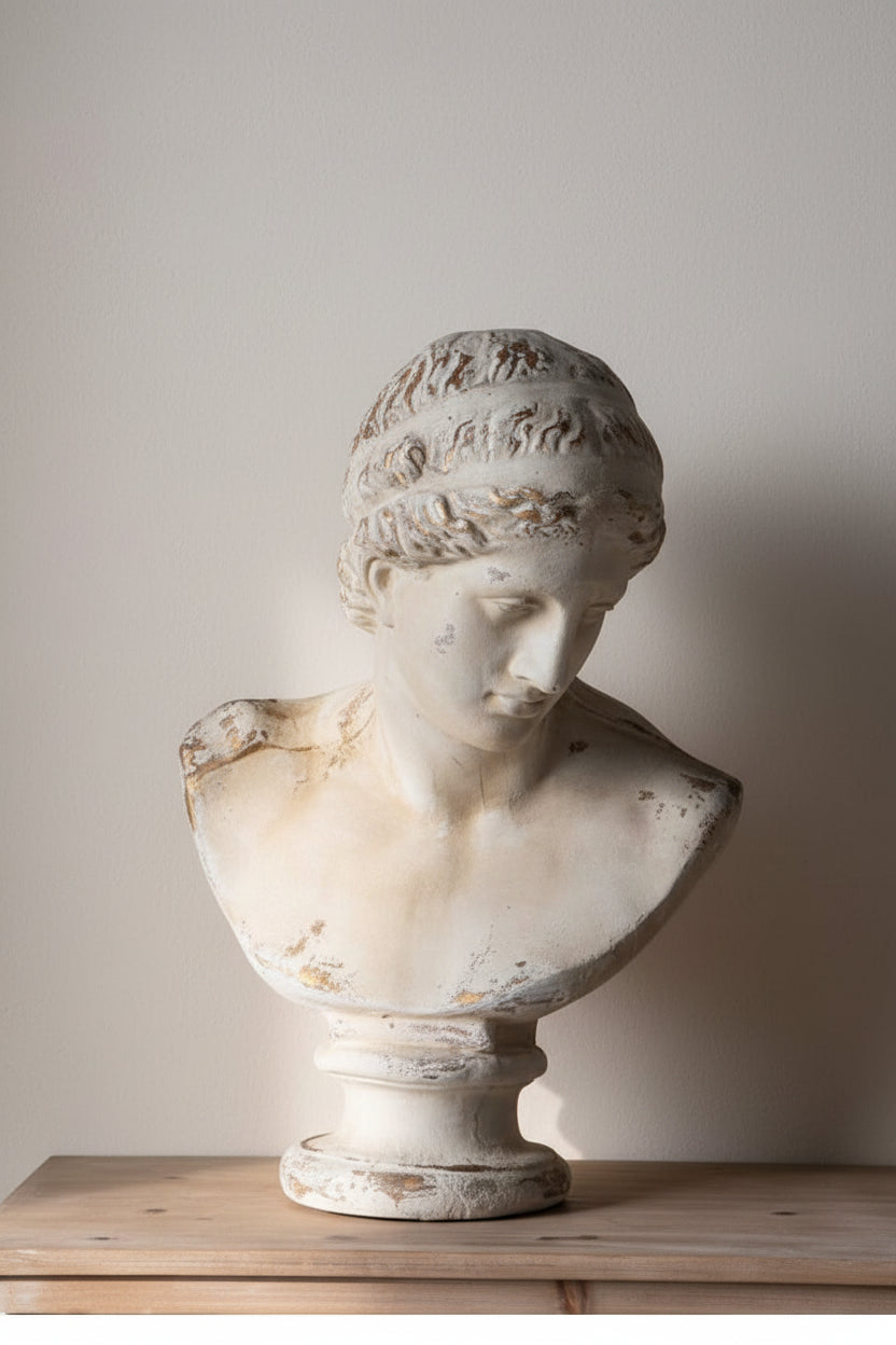 A classical-style stone bust sculpture displayed on a wooden console table in a softly lit interior room, with a plant at left and a mirror reflecting part of the bust.