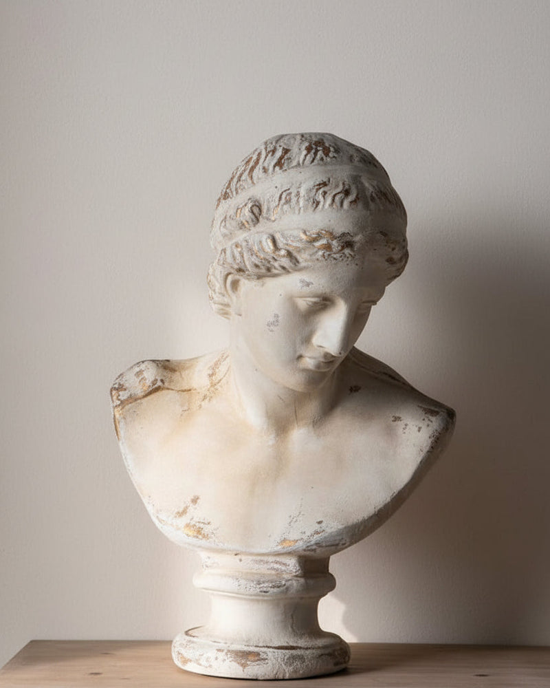 A classical-style stone bust sculpture displayed on a wooden console table in a softly lit interior room, with a plant at left and a mirror reflecting part of the bust.