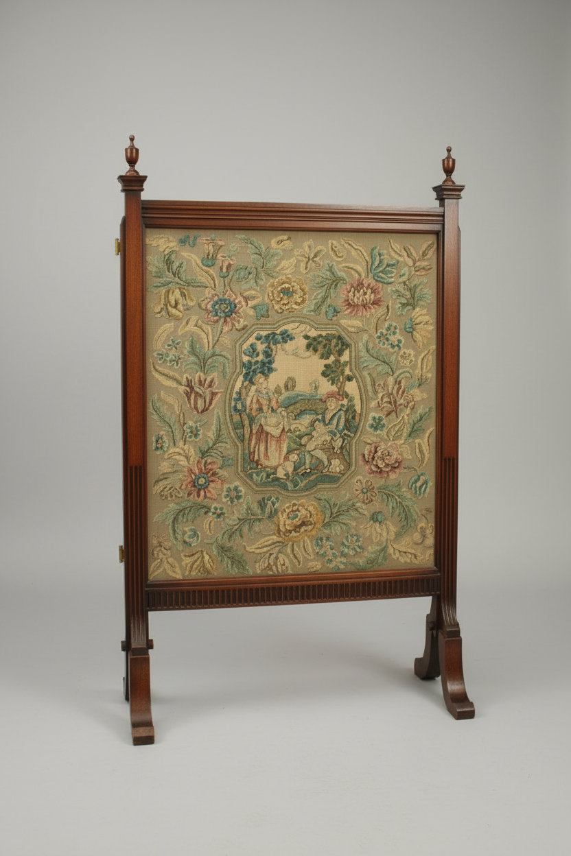 An antique wooden tapestry stand featuring a detailed floral and pastoral tapestry panel in the center, set against a neutral gray studio background.