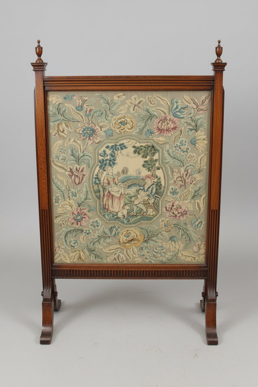 Antique Victorian Cheval Fire Screen with Figural Harvest Needlepoint Panel