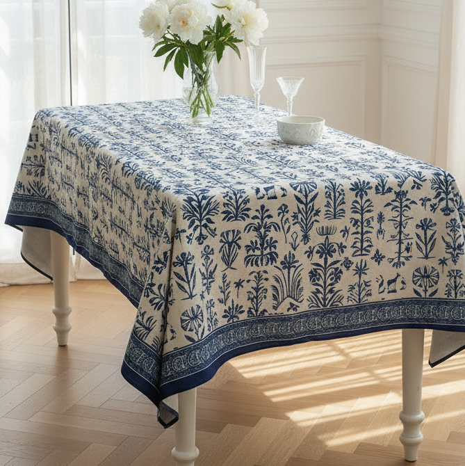 Blue & White Linen Tablecloth, Waterproof Treated | Giltwood & Goose