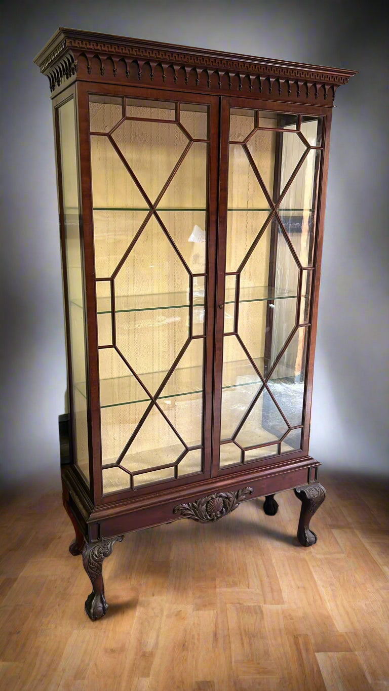 Antique Chippendale Revival Mahogany Display Cabinet | Glazed Doors & Ball-and-Claw Feet | c. 1900