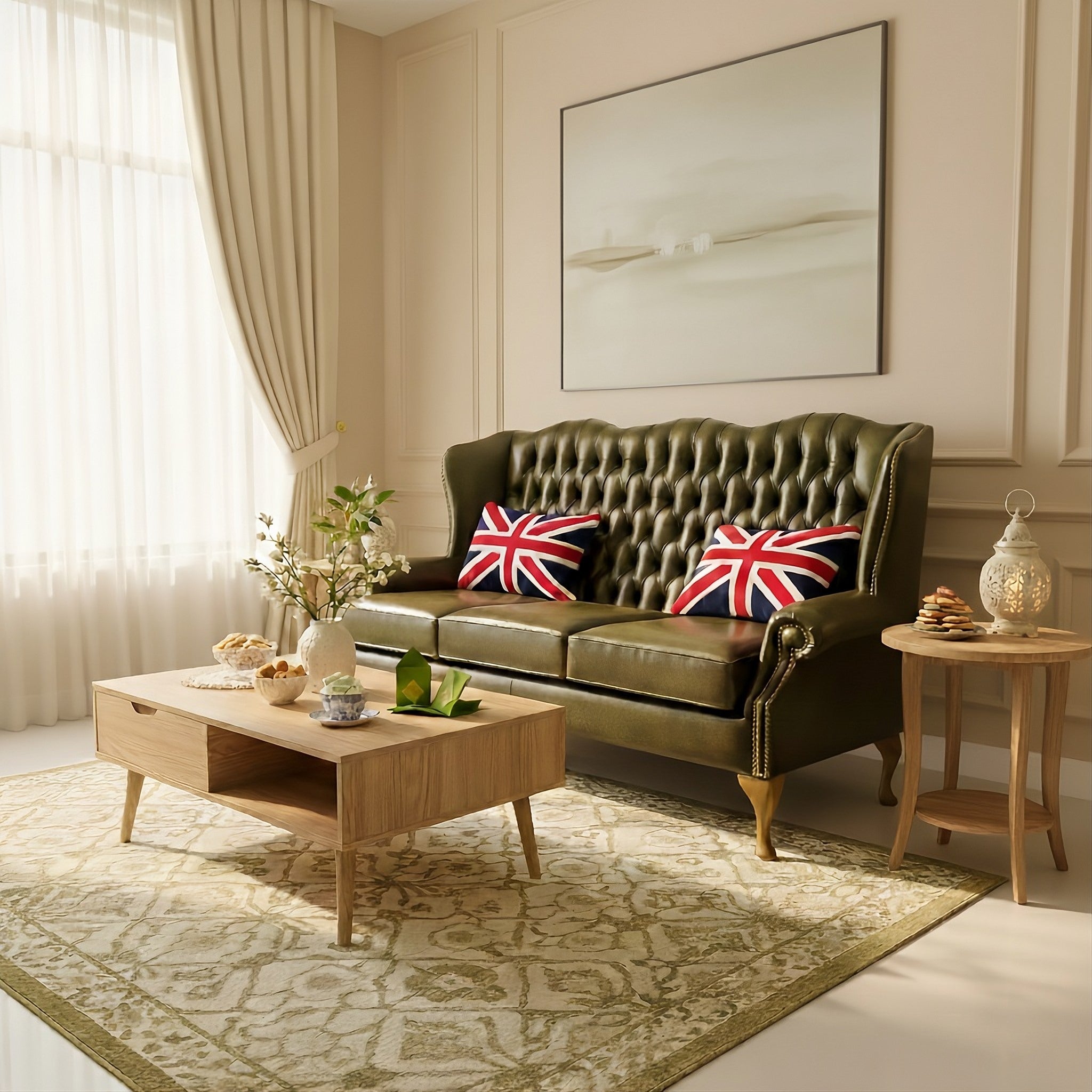 Living room with a green sofa, wooden coffee table, and decorative pillows.
