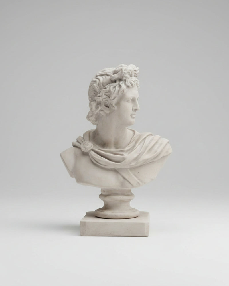 A classical-style stone bust sculpture of a draped male figure in profile, displayed on a pedestal base against an indoor paneled wall background.