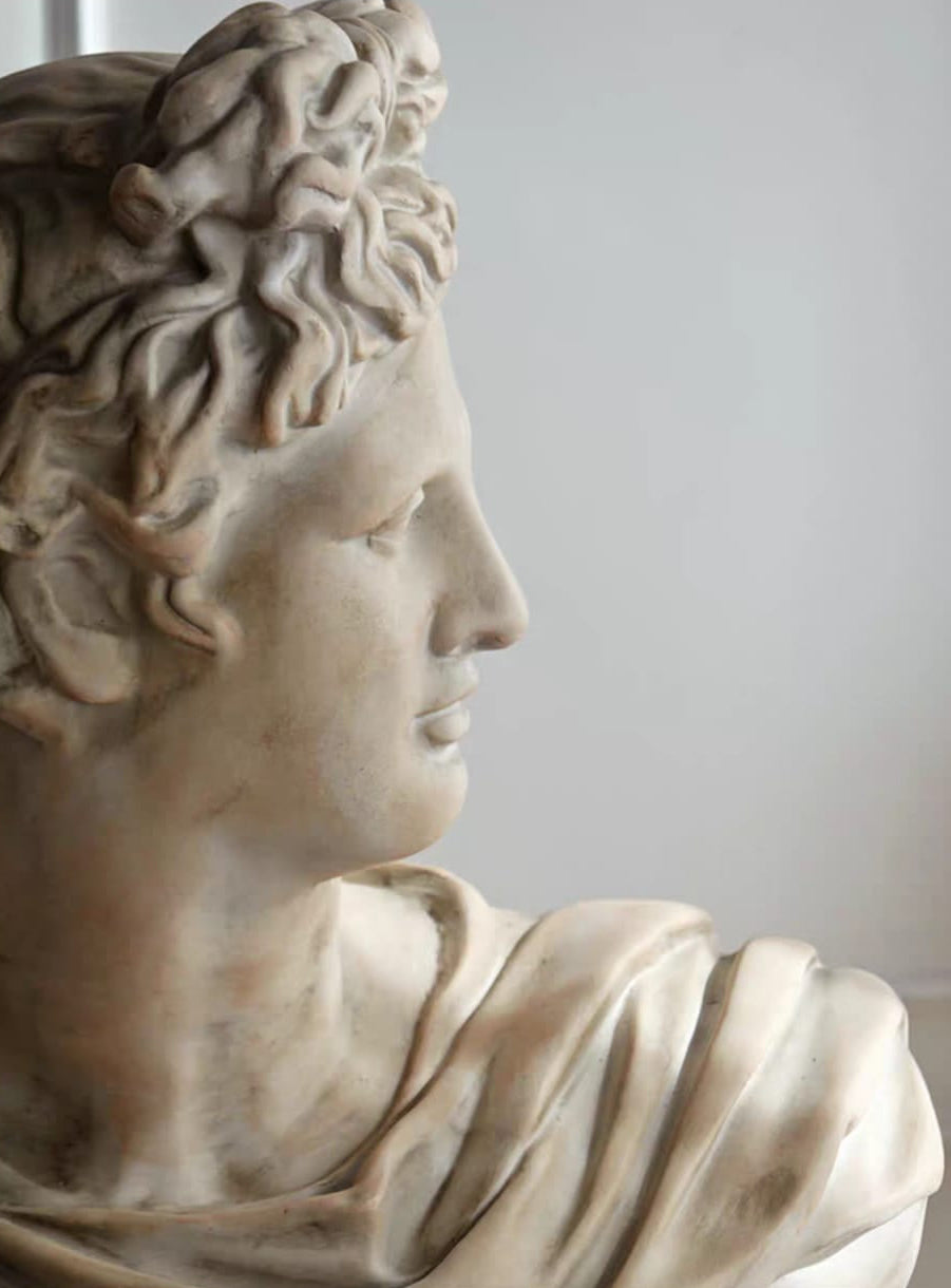 A classical-style bust sculpture of a young man in profile, rendered in light beige stone or plaster, shown against a plain light background.