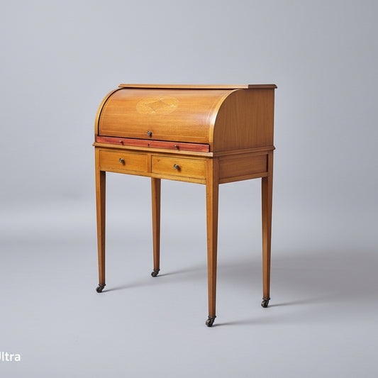 Wooden roll-top desk on a gray background