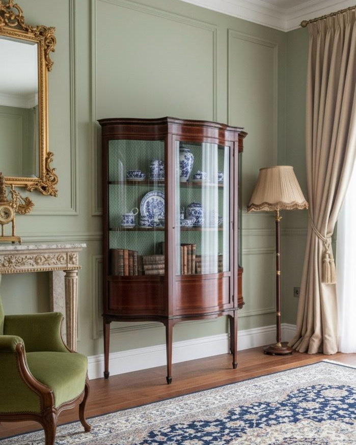 Vintage-style room with a wooden display cabinet, green chair, and decorative rug.