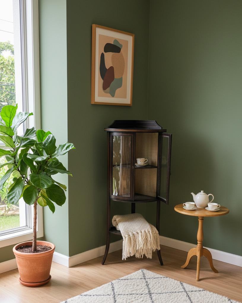 Nest living room with a corner cabinet, small table with tea set, and potted plant.