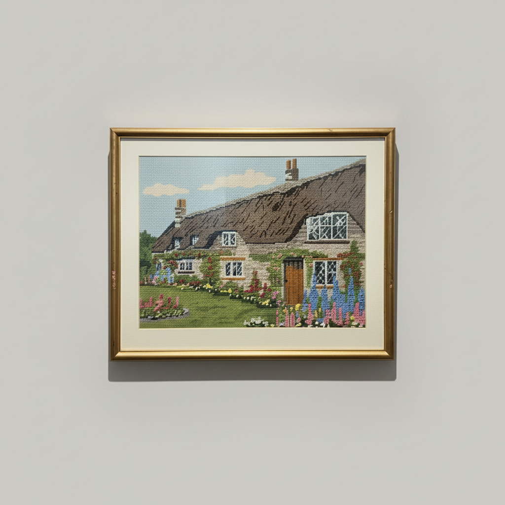 Framed painting of a house with a garden on a beige wall