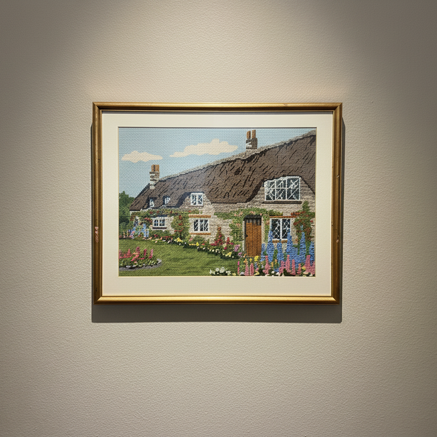 Framed painting of a house with a garden on a beige wall