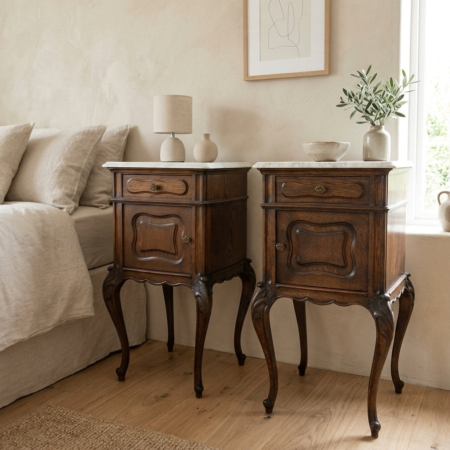 A pair of vintage-style dark brown wooden nightstands with carved details and marble tops, styled in a cozy bedroom setting next to a bed.
