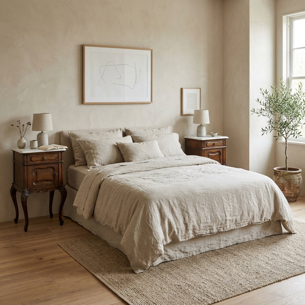 A neatly made bed in a softly styled bedroom, dressed in light beige linen bedding with matching pillows. The room has warm beige walls, wooden nightstands, matching lamps, a large woven rug, and a potted olive tree by the window.