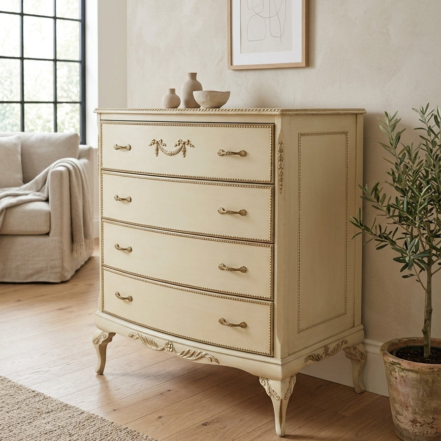 French Provincial Revival Painted Chest of Drawers (historically termed a Commode Bombe or Commode Arbalète).