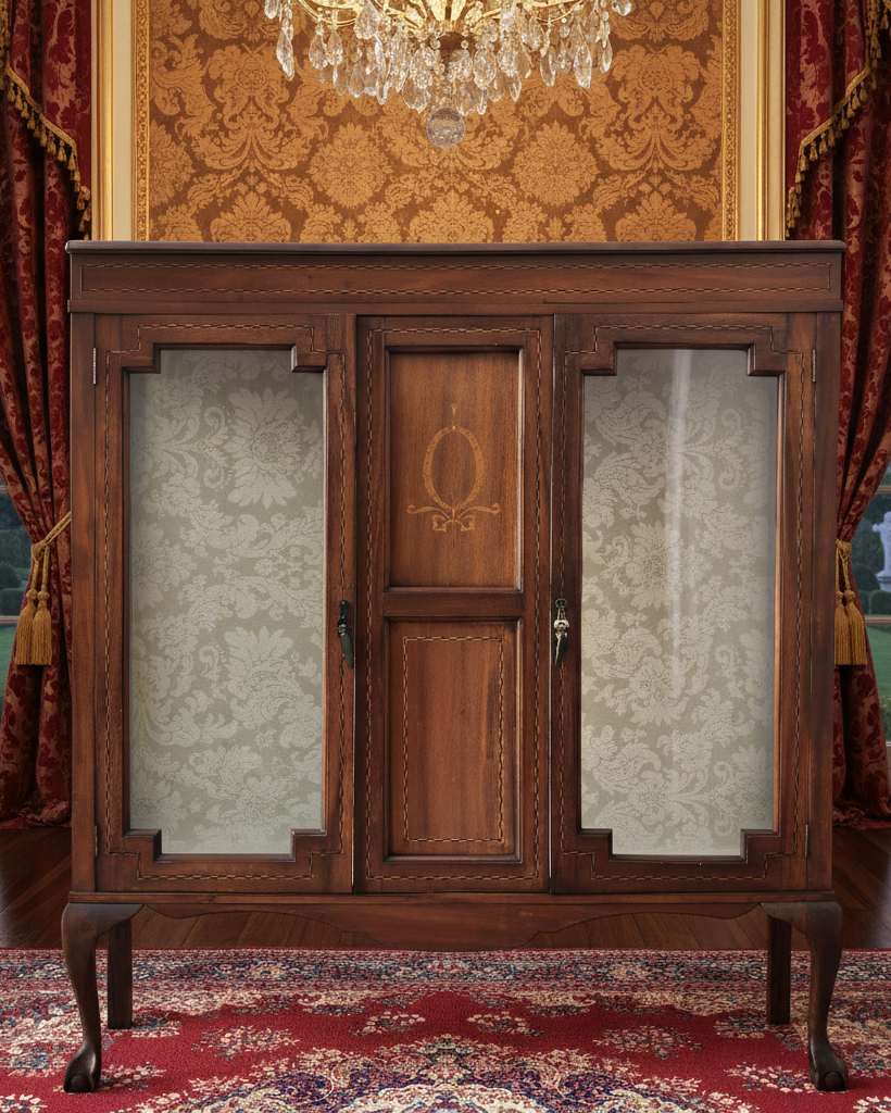 Wooden cabinet with glass doors in a room with ornate wallpaper and red curtains.