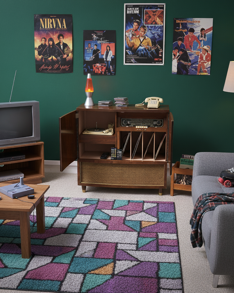 Living room with retro decor, including a television, record player, and posters on a green wall.