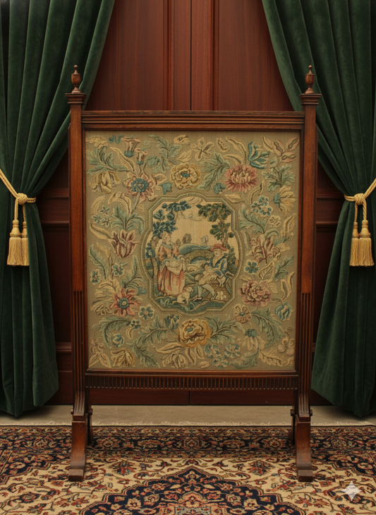 Antique Victorian Cheval Fire Screen with Figural Harvest Needlepoint Panel
