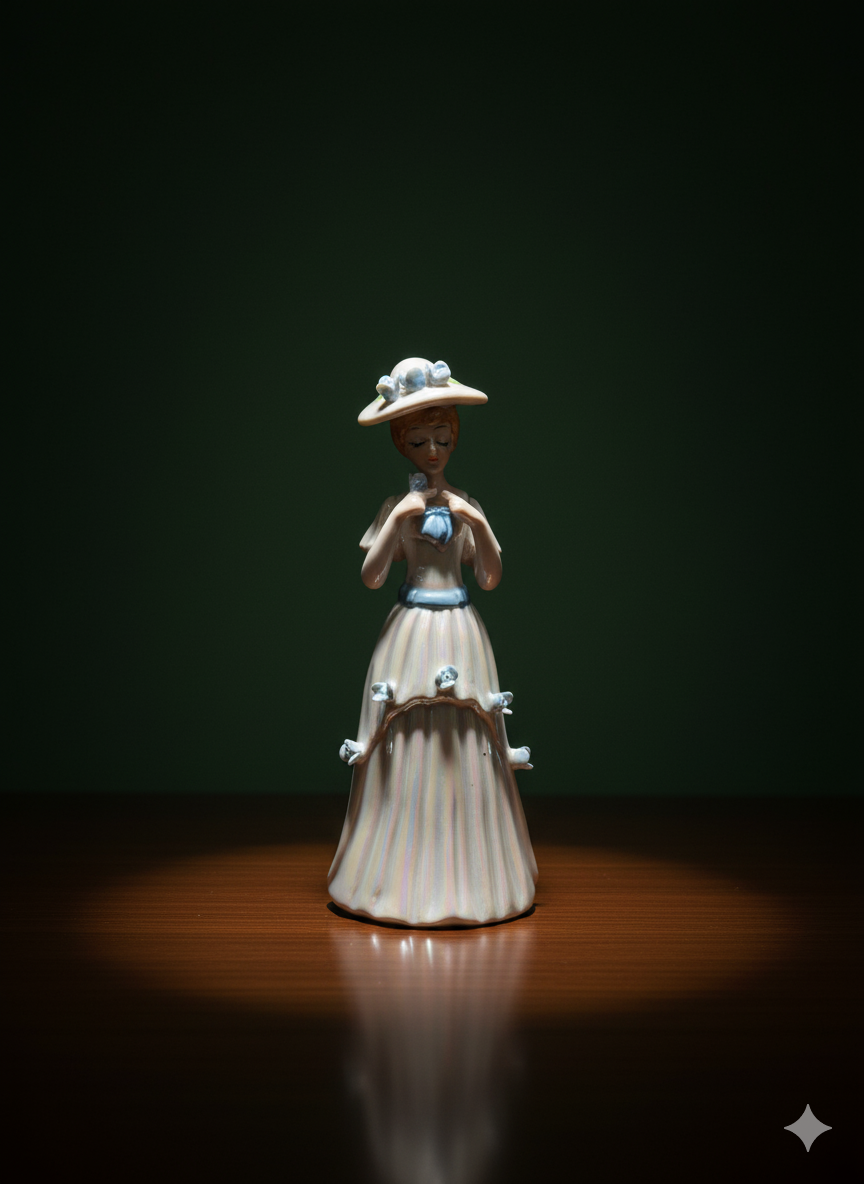 Iridescent Porcelain Lady Figurine with Blue Ribbons and Flowers