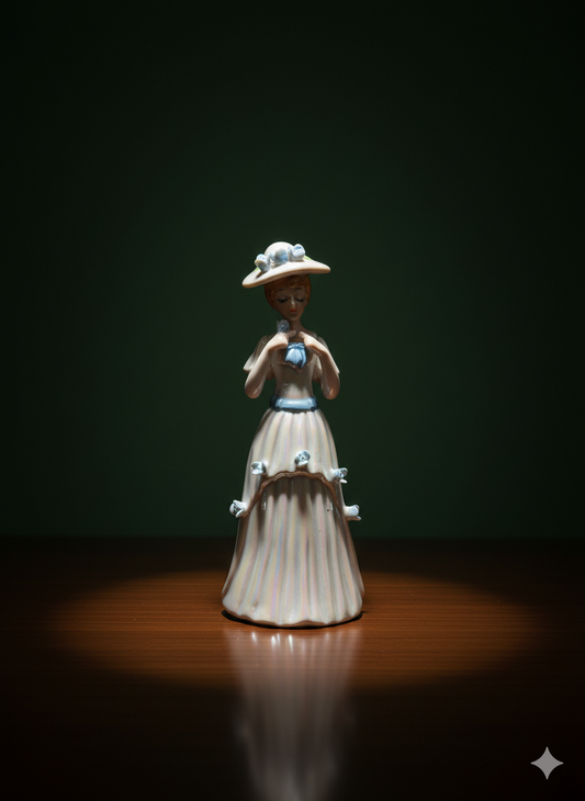 Iridescent Porcelain Lady Figurine with Blue Ribbons and Flowers