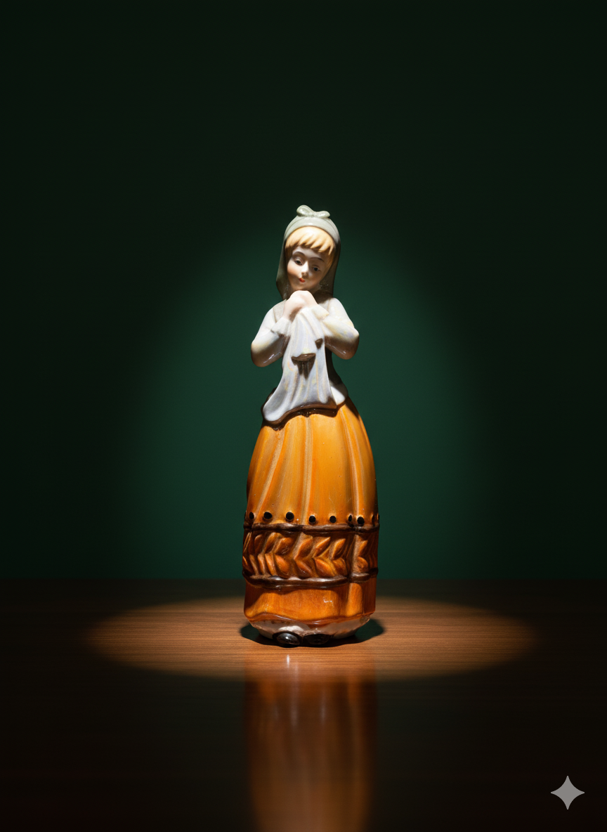 Glossy Ceramic Figurine: Traditional Lady with Apron and Orange Skirt