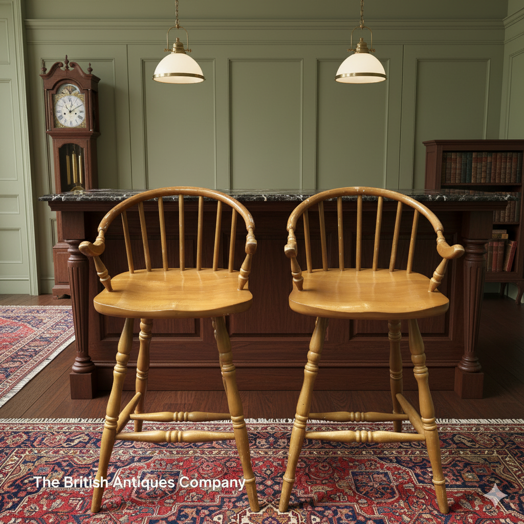 A PAIR OF HARDWOOD HIGH BACK KITCHEN STOOLS ON TURNED LEGS AND STRECHERS