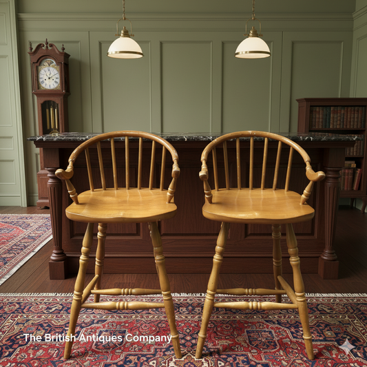 A PAIR OF HARDWOOD HIGH BACK KITCHEN STOOLS ON TURNED LEGS AND STRECHERS