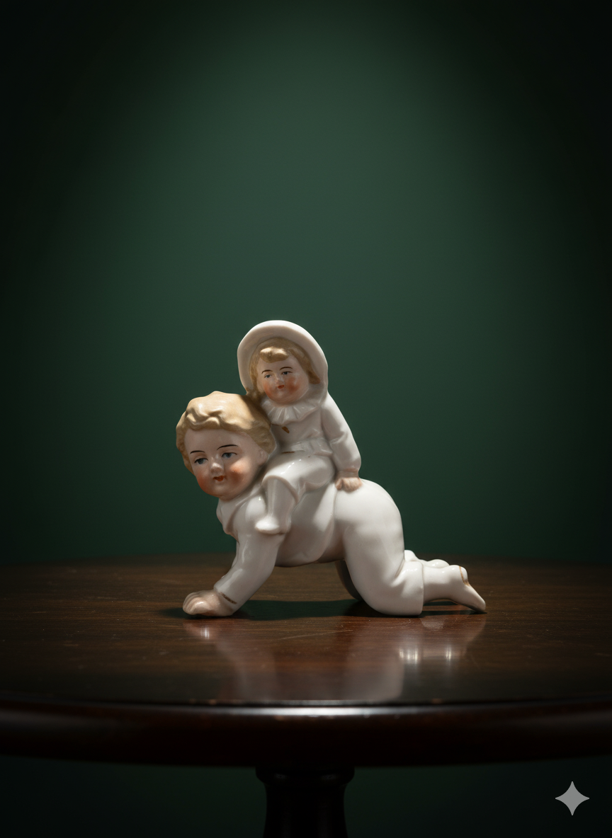 Antique Bisque Porcelain Figurine: Baby Riding on a Crawling Infant