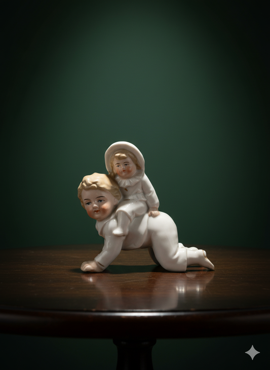 Antique Bisque Porcelain Figurine: Baby Riding on a Crawling Infant