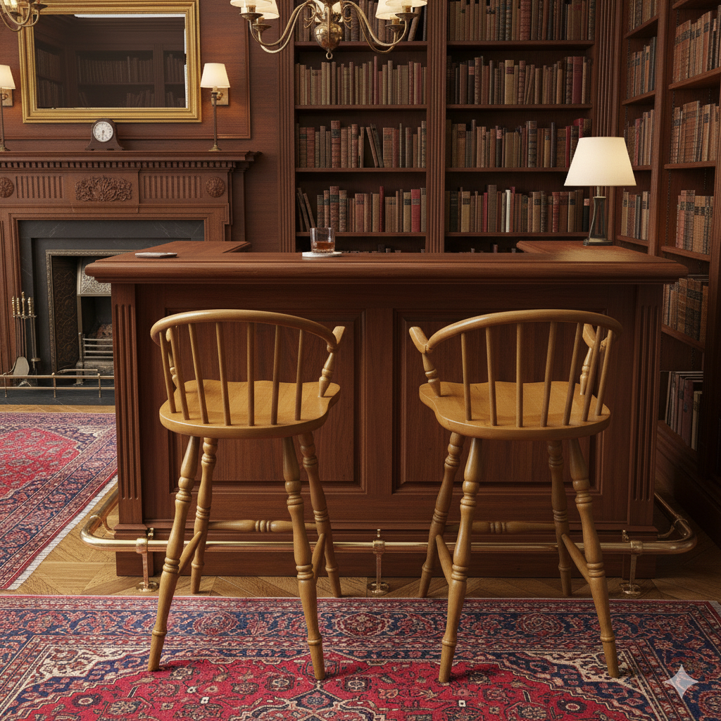 A PAIR OF HARDWOOD HIGH BACK KITCHEN STOOLS ON TURNED LEGS AND STRECHERS