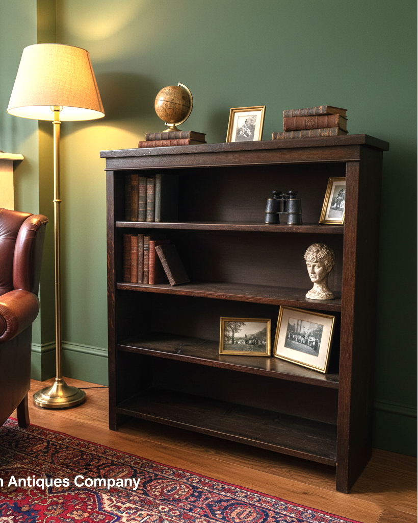 Wooden bookshelf with decorative items in a room with a brown leather chair and lamp.