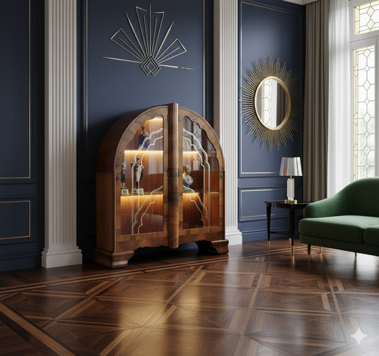 RARE Antique Art Deco burr Walnut display cabinet, circa 1920.