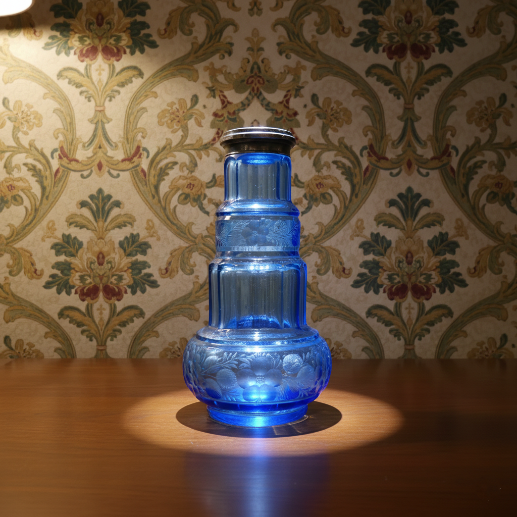Vintage Tiered Cobalt Blue Floral Glass Bottle with Silver Plated Rim