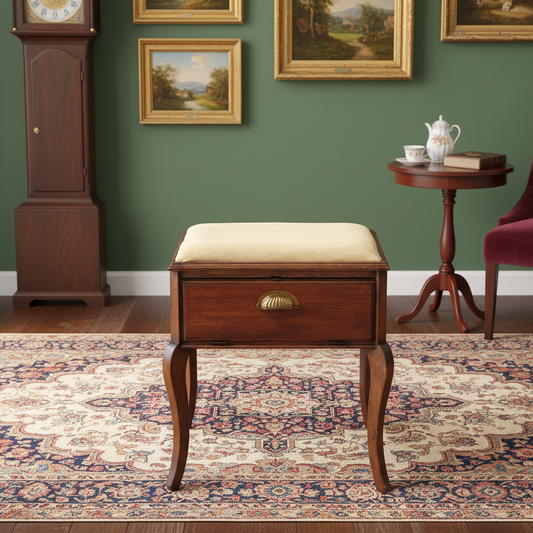Antique Upholstered Piano Style Stool With Storage