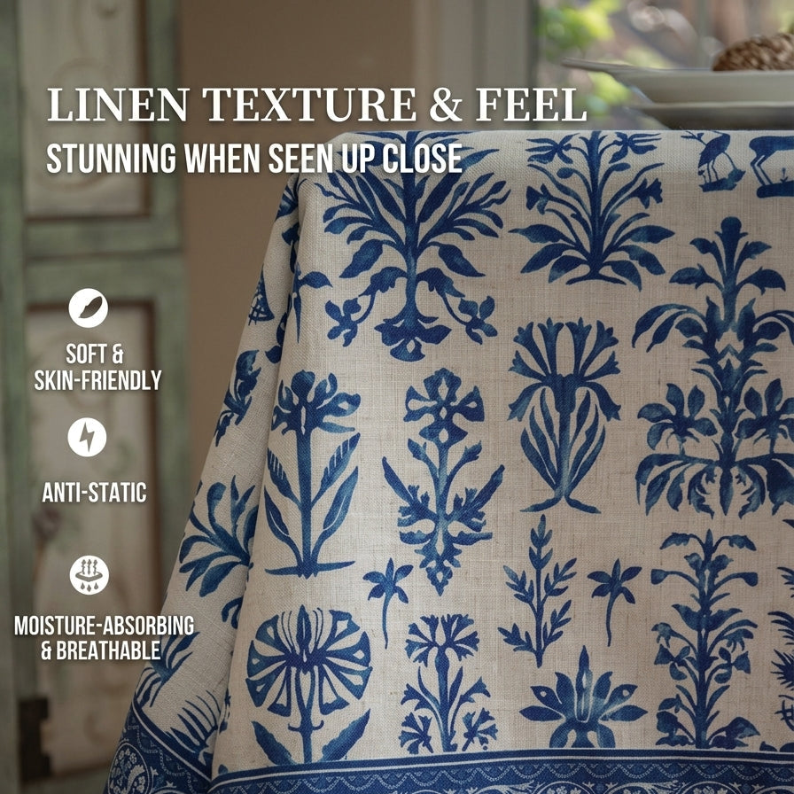 A close-up of a blue and cream linen tablecloth with a botanical block print pattern and a decorative border, shown with promotional text overlays highlighting its texture and benefits.