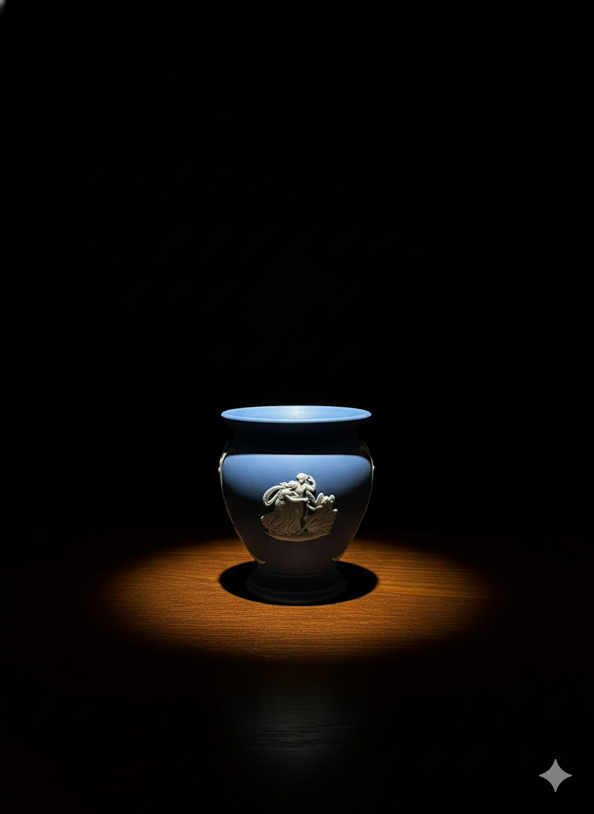 Classic Blue Jasperware Pot with Figural Relief