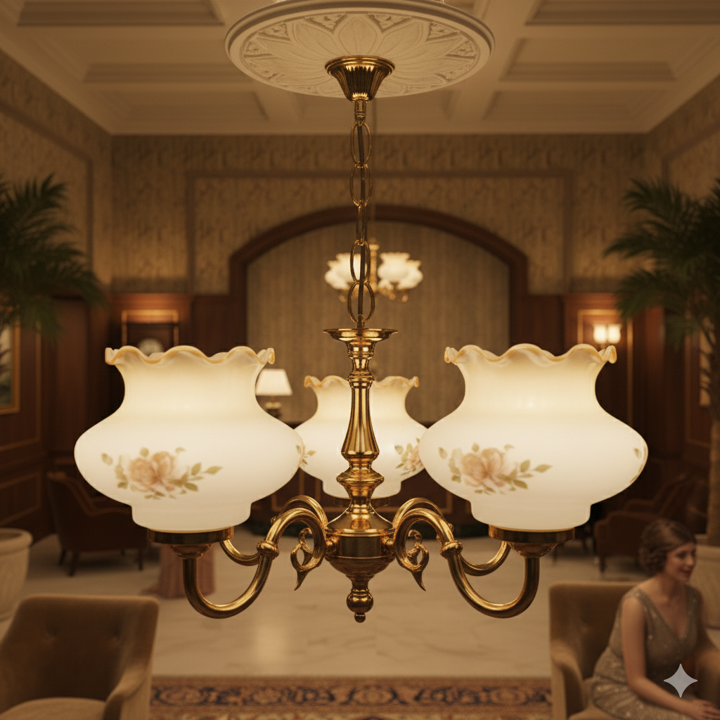 Victorian-Style Brass Chandelier with Hand-Painted Floral Shades