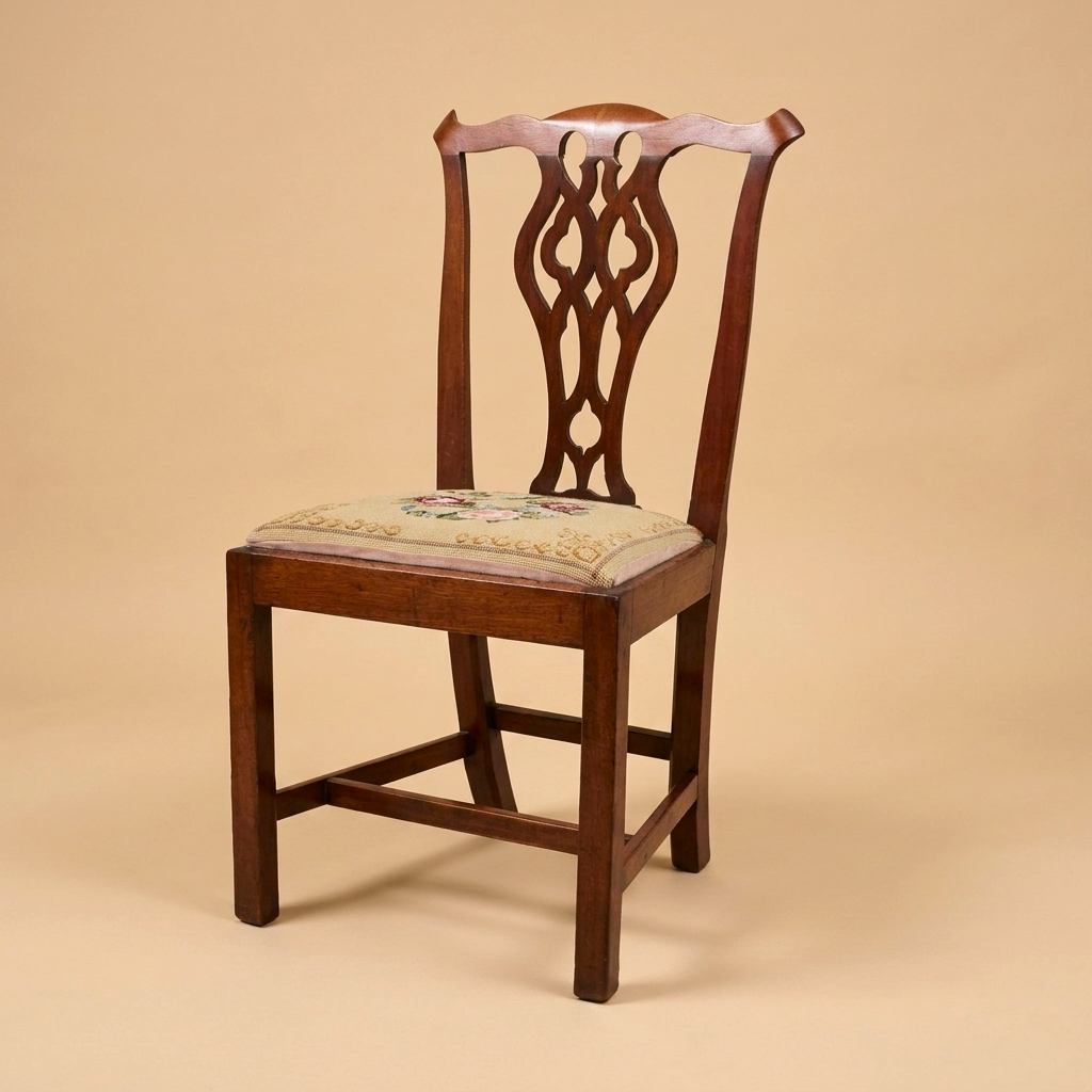 Vintage Chippendale-Style Ribbon Back Chair with Needlepoint Seat