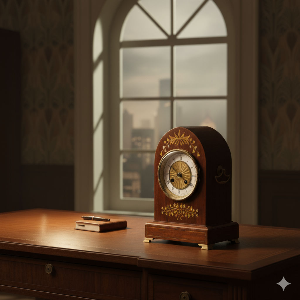 Regal Timepiece: Antique Mantle Clock on a Desk