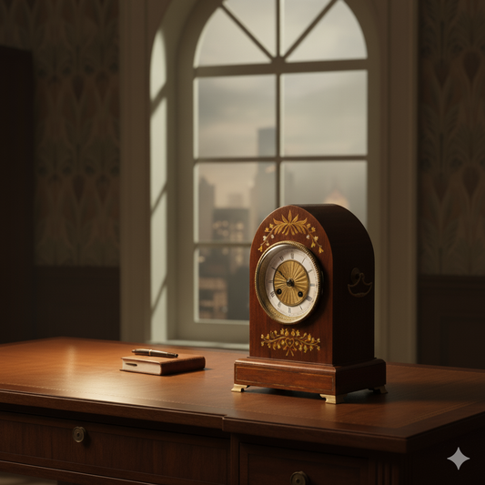 Regal Timepiece: Antique Mantle Clock on a Desk