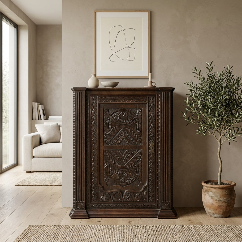 Rare Georgian Hand-Carved Oak Corner Cabinet