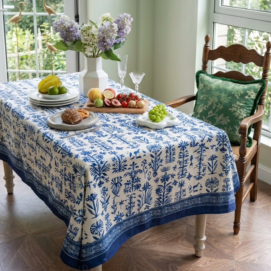 A rectangular table covered with a blue and white floral patterned tablecloth, styled with fruit, bread, wine glasses, and a vase of flowers in a bright room with large windows and a wooden chair.