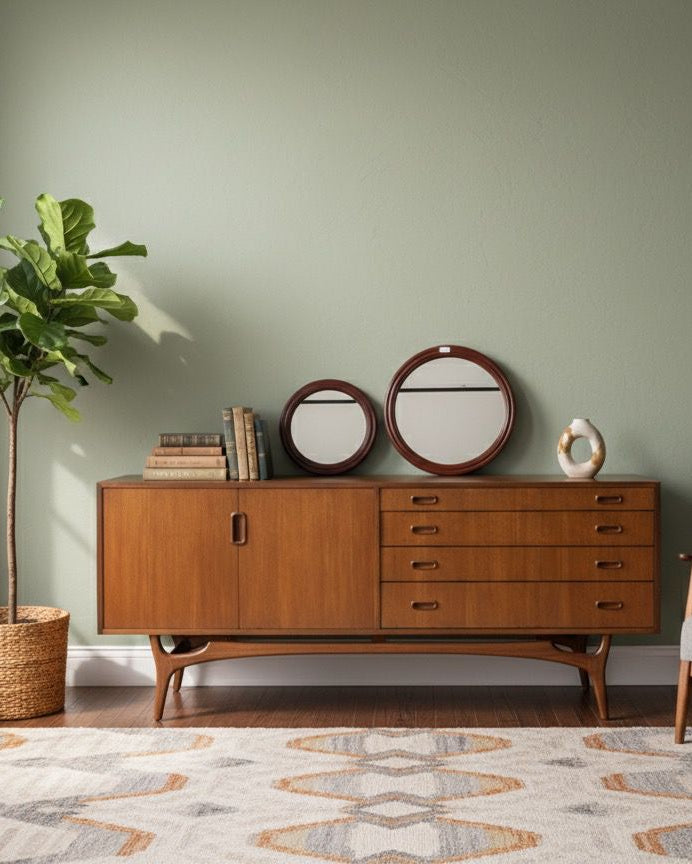Wooden sideboard with decorative items in a room with a gray wall, plant, and chair.