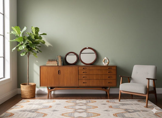 Wooden sideboard with decorative items in a room with a gray wall, plant, and chair.
