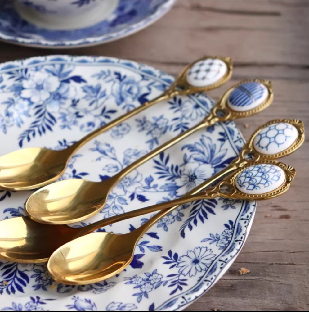 Vintage Style Stainless Steel Teaspoon with Porcelain Handle ( Sept Arrival )