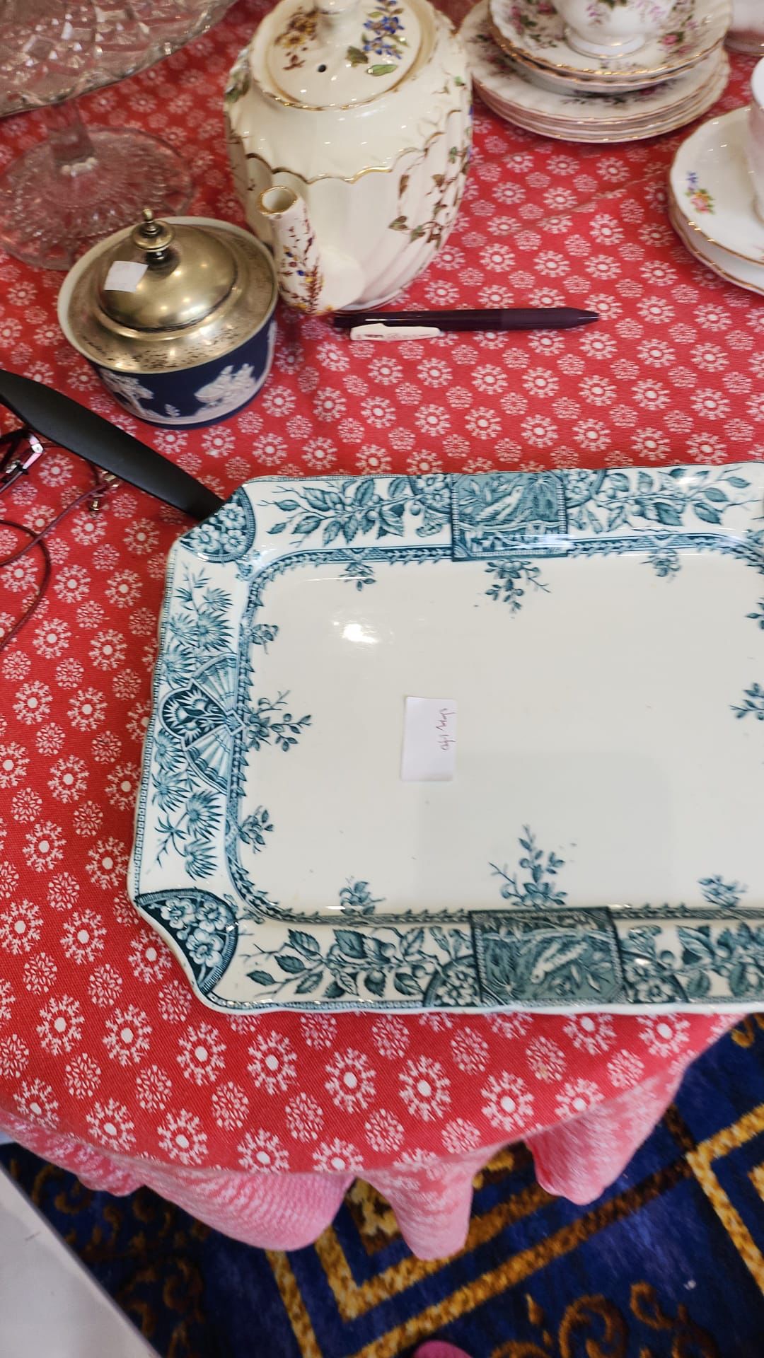 Big Antique Green and white rectangle platter
